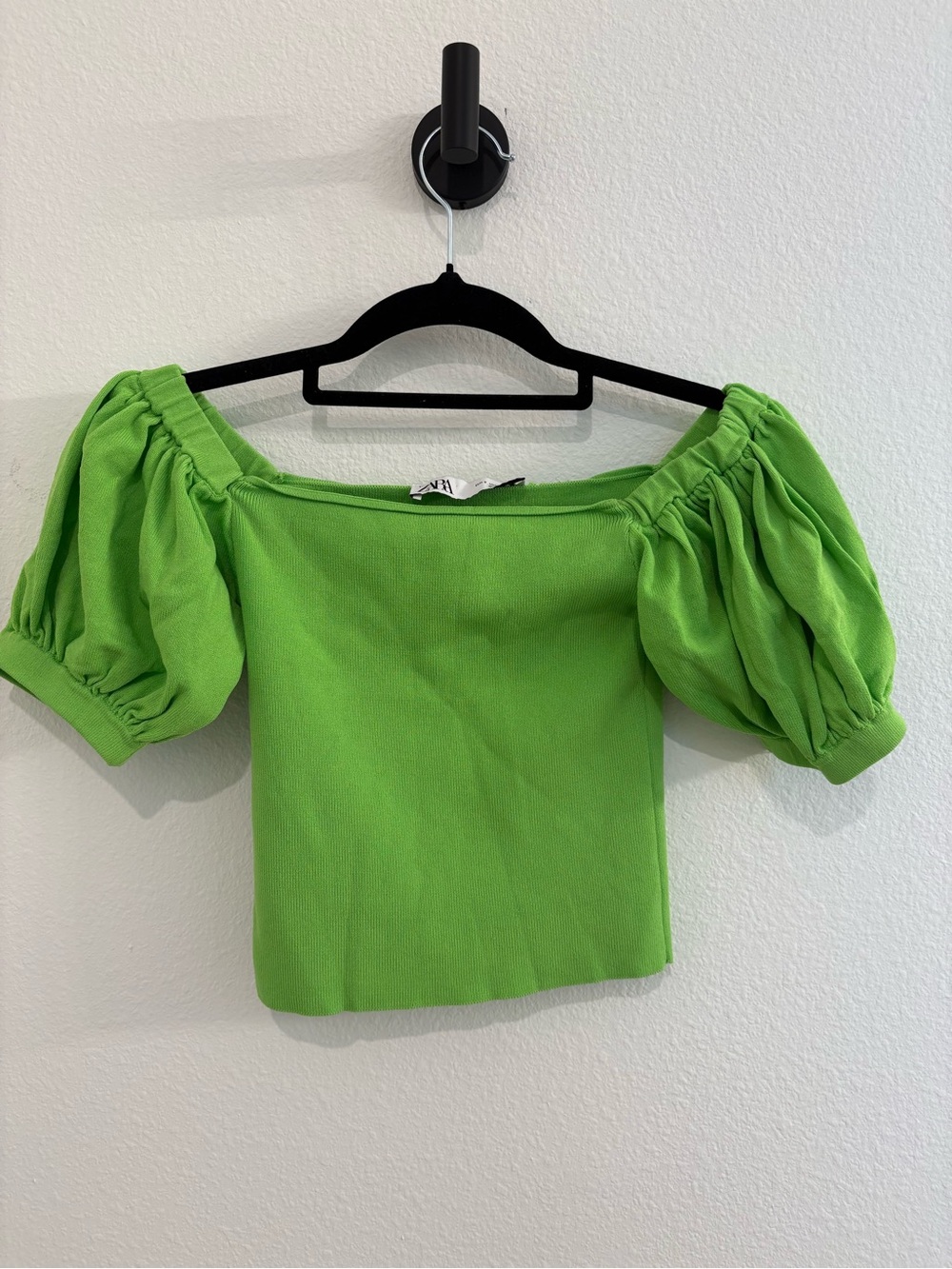 Zara Lime Green Off-Shoulder Puff Sleeve Crop Top